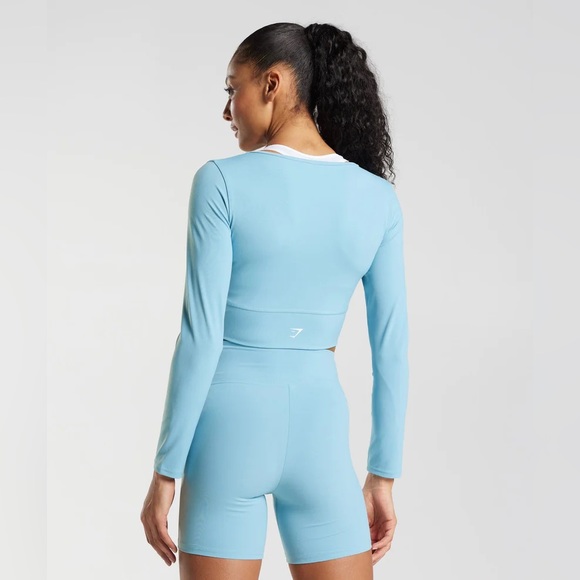 Gymshark Crossover Long Sleeve Shorts Powder Blue Workout Set - Picture 2 of 11